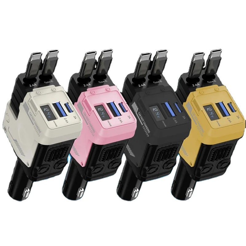 Y&D Retractable Car Charger 4-in-1 USB C Fast Charging Adapter - Compatible with iPhone, Galaxy, Pixel & Automobile Chargers - Image 2